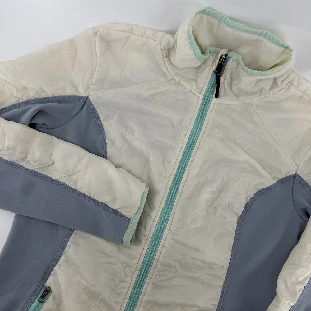 Champion Hybrid Puffer Jacket Womens Small Grey White Full Zip Mock Neck Active